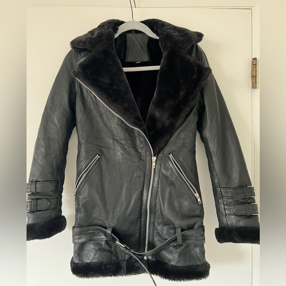Black leather moto coat with faux fur black lining